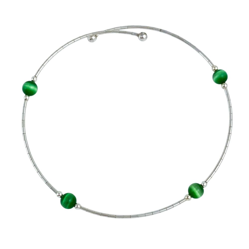 Vintage Sterling Silver 925 Green Cat’s Eye Memory Wire Bracelet | 7.5”